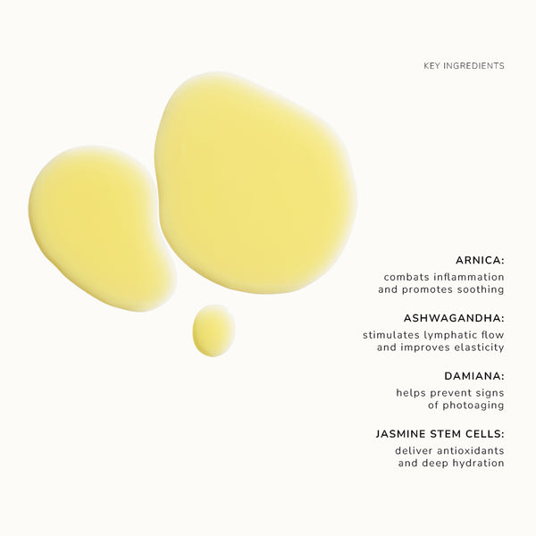 Oil droplets on an ivory background with text listing key ingredients.