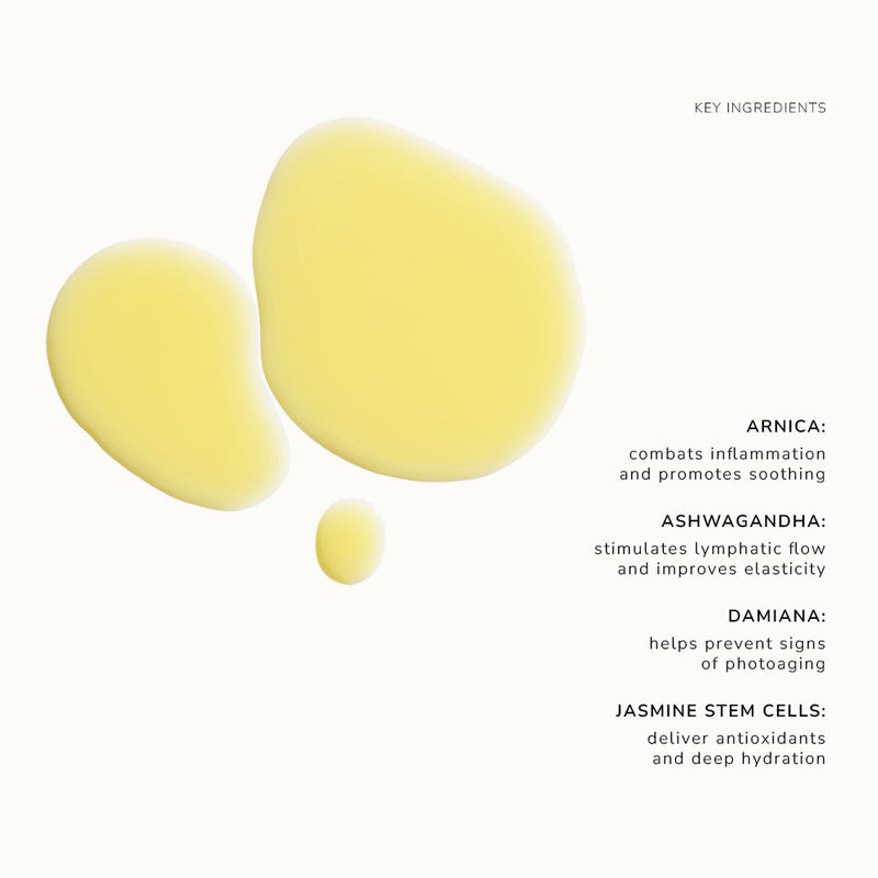 Oil droplets on an ivory background with text listing key ingredients.