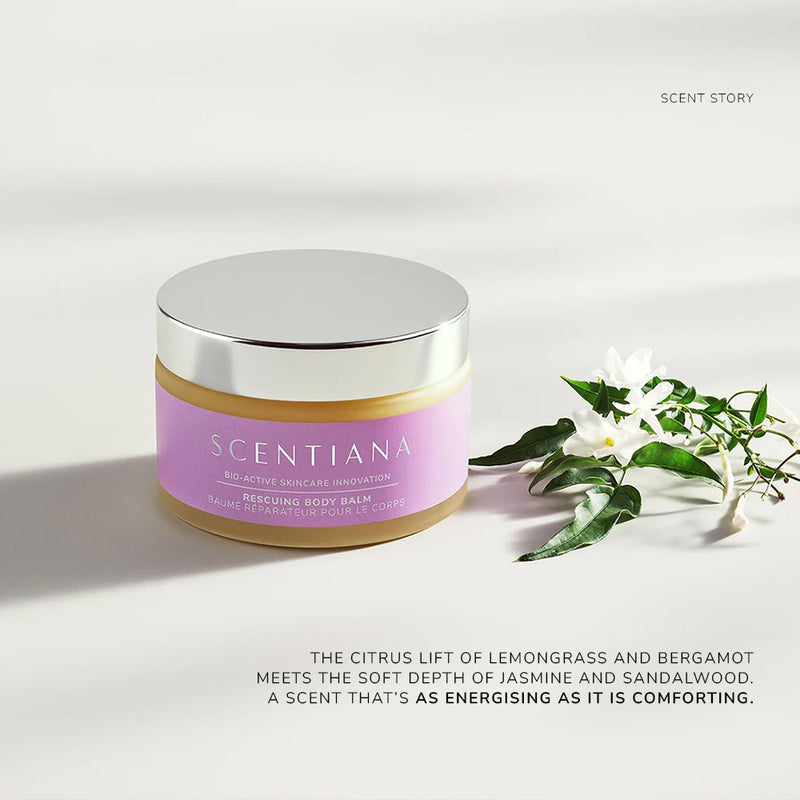 Scentiana body balm jar with a light background and scent story description.