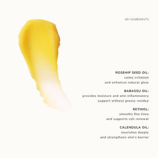 Yellow texture smear with key ingredients listed on a ivory background