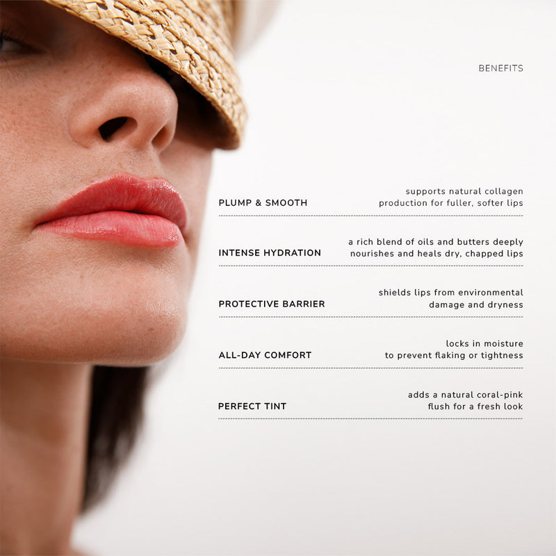 Woman wearing a straw hat with a close-up of her lips, and text listing lip balm benefits