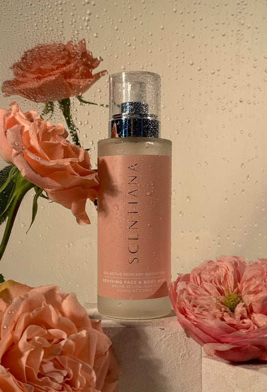 Rose Mist Bottle With Roses On A Warm Background