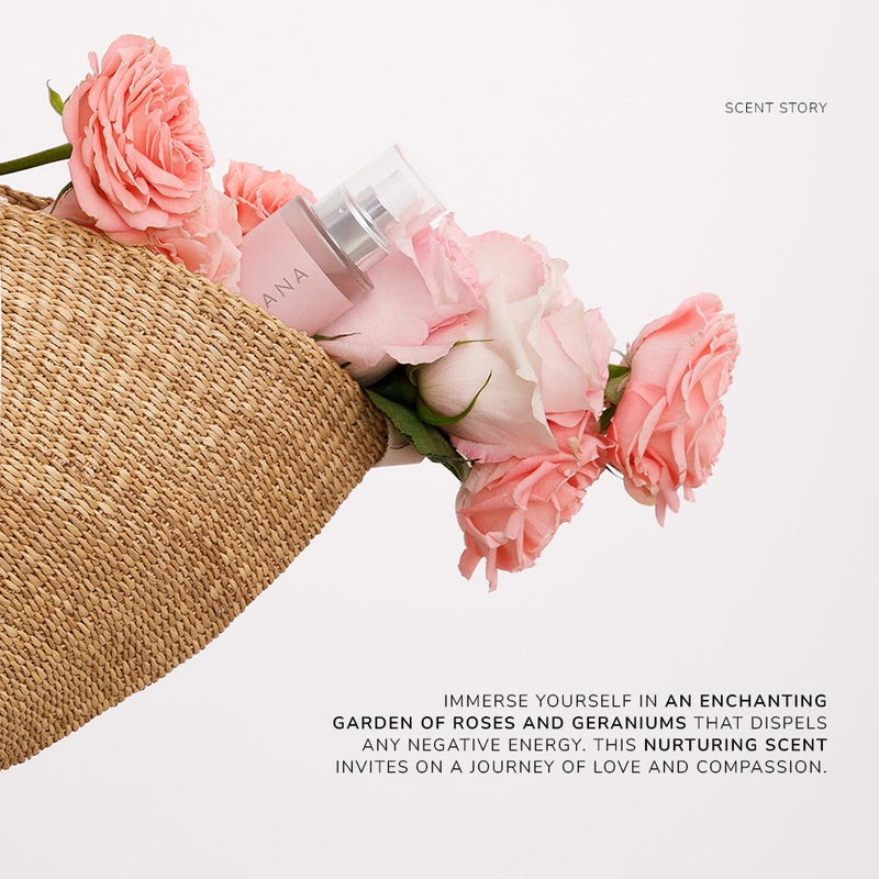Rose mist bottle with pink flowers and a straw bag listing scent story