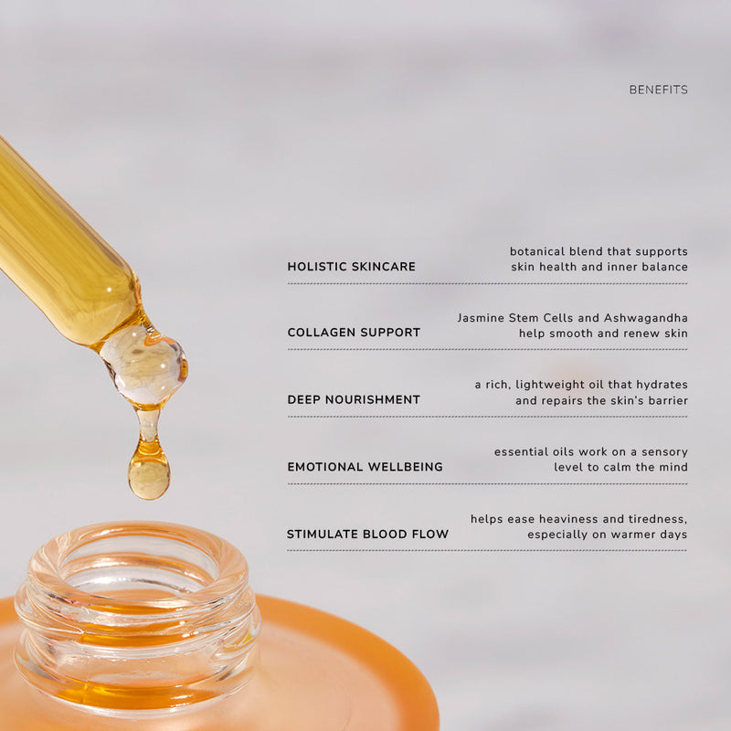 Skincare oil dropper with key benefits listed on a light grey background