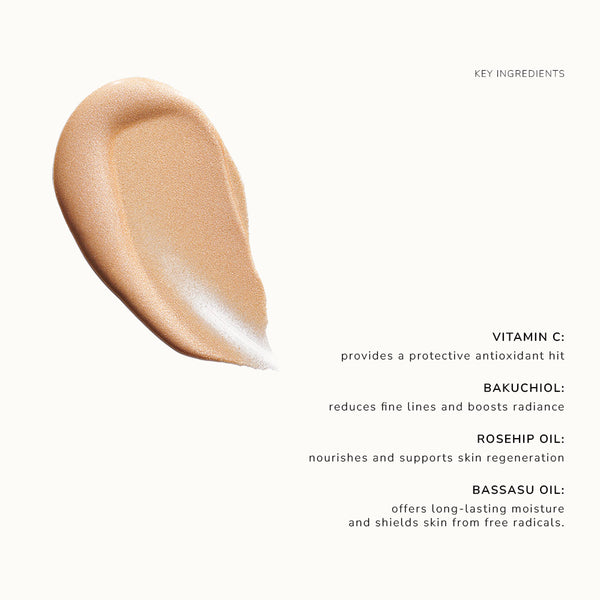 Texture swatch with key ingredients listed on an ivory background