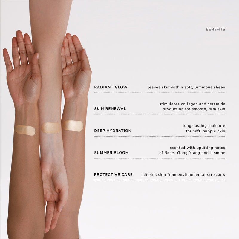 Product swatches on hands with text detailing key benefits